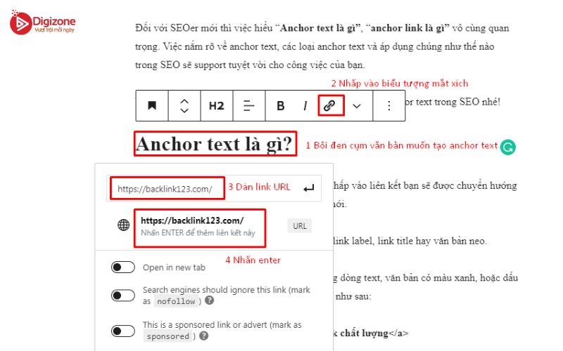 Các bước tạo Anchor Text