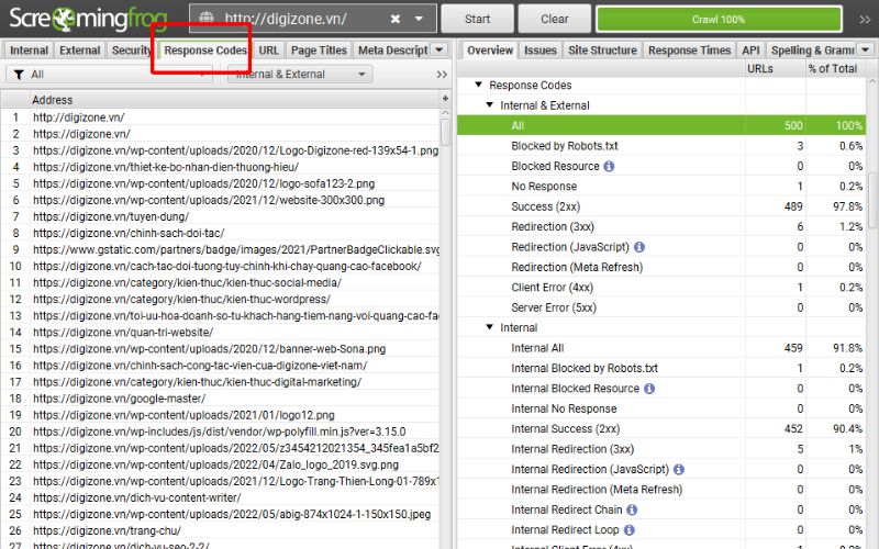 Kiểm tra mã phản hồi URL (Response Codes) trong Screaming Frog