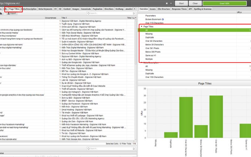 Kiểm tra Page Titles trong Screaming Frog