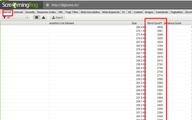 Kiểm tra nội dung mỏng (Word Count) với Screaming Frog