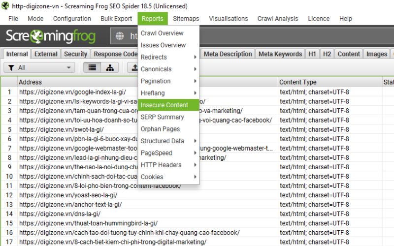 Kiểm tra nội dung không an toàn (Insecure Content) trong Screaming Frog