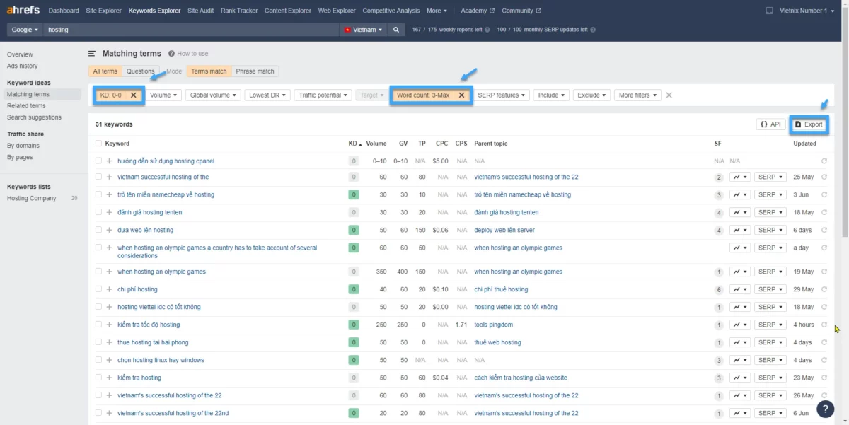 Tiếp tục lọc trong Matching Terms sau đó Export 