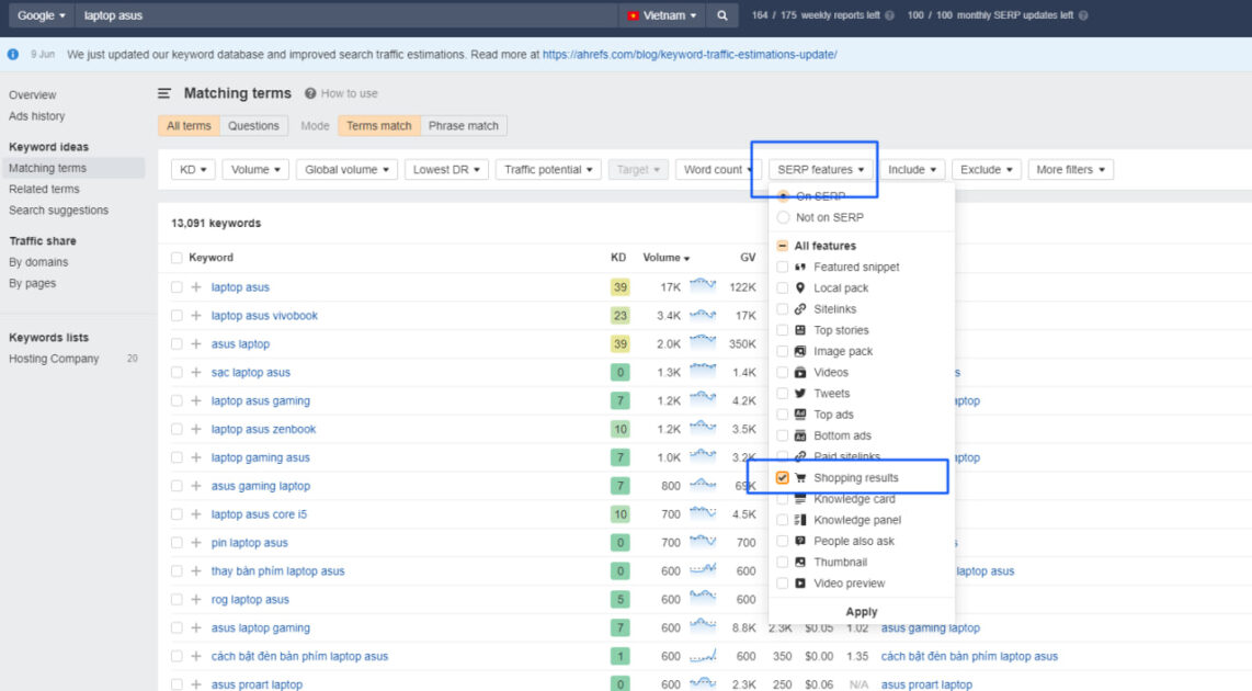 Chọn Serp Features –> Shopping results